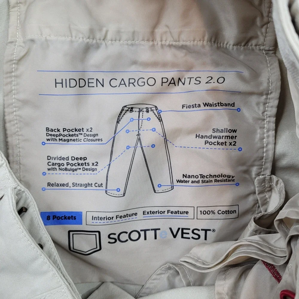 SCOTTeVEST Hidden Cargo Pants 2.0 Mens 34x30 Tan Cotton Straight Leg 8 Pockets